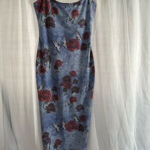 Forever 21 Blue Maxi Dress with Red Rose & Butterfly Print